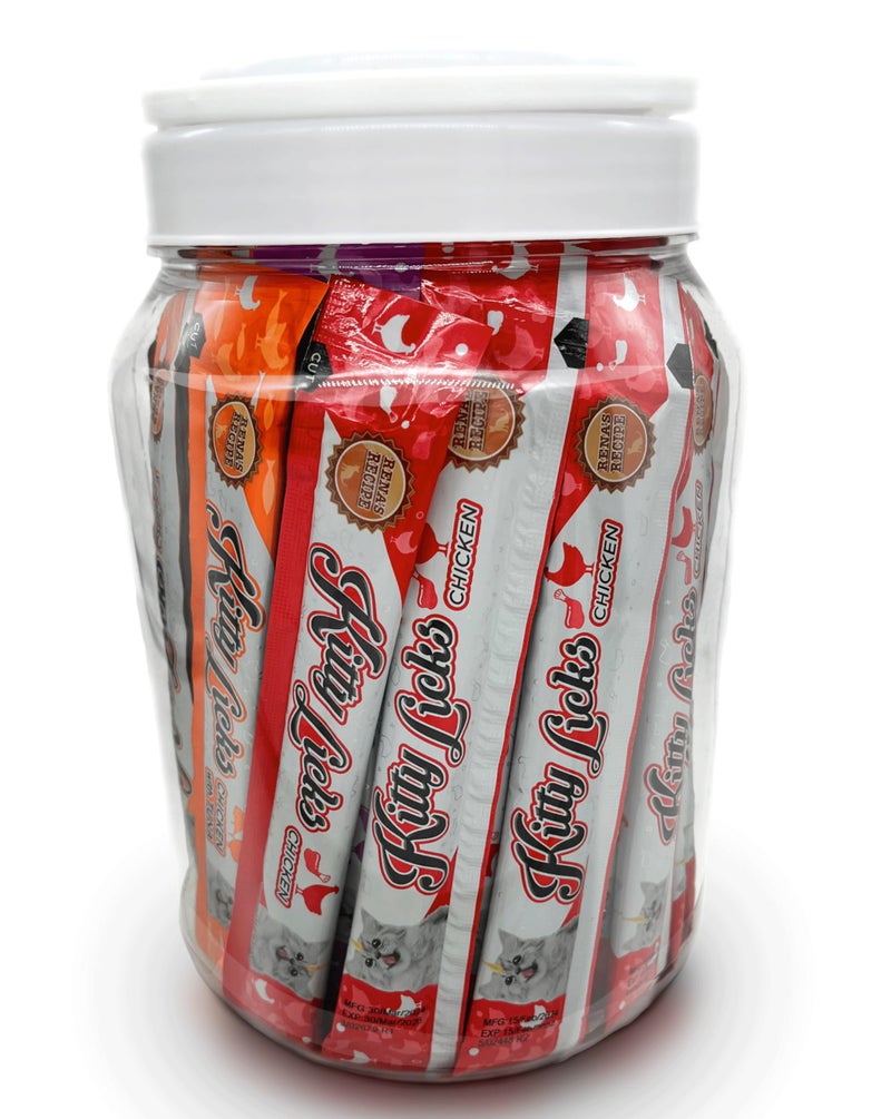 Rena's Recipe Kitty Licks Chicken Barrel (60 Tubes) 3 flavorsX 20 Tubes Cream Lickable Cat Treats 3 Different Flavors: Chicken, Chicken with Tuna, and Chicken with Liver - Image 1