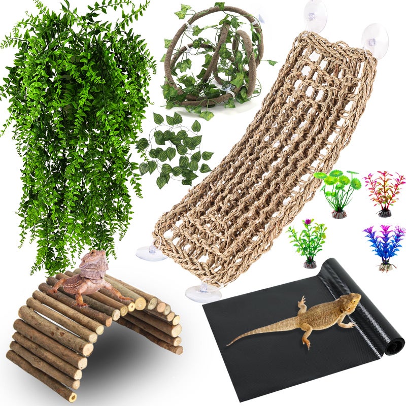 HERCOCCI Bearded Dragon Tank Accessories, Reptile Mat Bridge Hammock Flexible - Jungle Climbing Vines and Leaves with Suction Cups Habitat DÃ©cor for Hiding& Climbing Snake Gecko Lizard Chameleon - Image 1