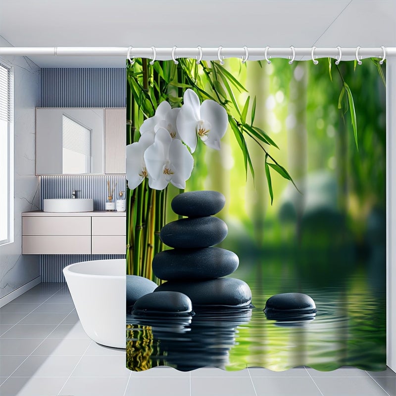 1 3 4 قطع مجموعة إكسسوارات الحمام بأحجار الزن سجادة دش مقاس 180 × 180 سم مع تصميم أزهار الأوركيد البيضاء الهادئة والأحجار سجادة حمام على شكل حرف U غطاء مقعد المرحاض 12 خطاف ديكور منزلي هادئ - Image 5
