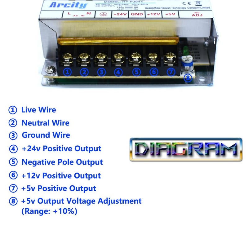 Arcity 5V 12V 24V Output Switching Power Supply Unit Adjustable for Video Multi Games Machine Console Cocktail CCTV Computer DIY Horizontal New(+5V/8A +12V/8A +24V/3A) - Image 2