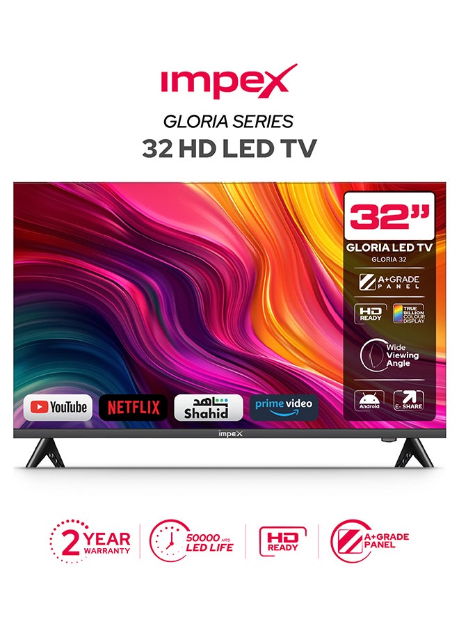 32-Inch HD LED TV - A+ Panel, Frameless Design Television, 3 HDMI, 2 USB, VGA, 1366x768 Resolution, 2 Year Warranty - GLORIA 32, Black GLORIA 32 Black
