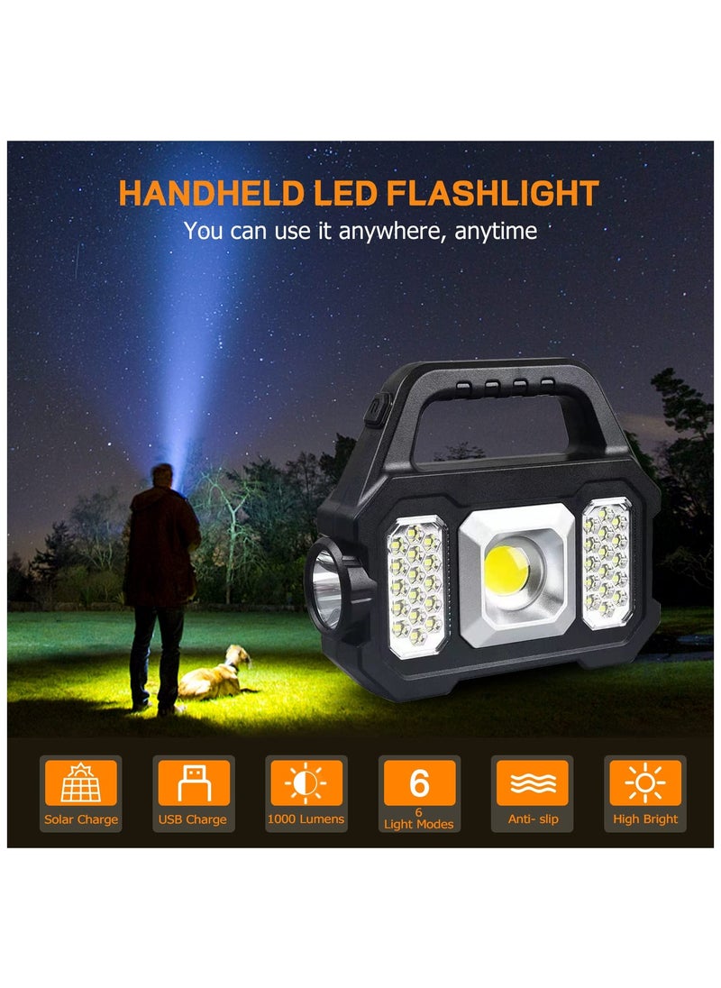 ZLH HITY - Solar Handheld Flashlight with USB Cable, 6 Modes Rechargeable Multifunction Lights Super Bright LED Searchlight, Lightweight Waterproof Portable Spotlight for Outdoor Camping Emergencies - Image 1