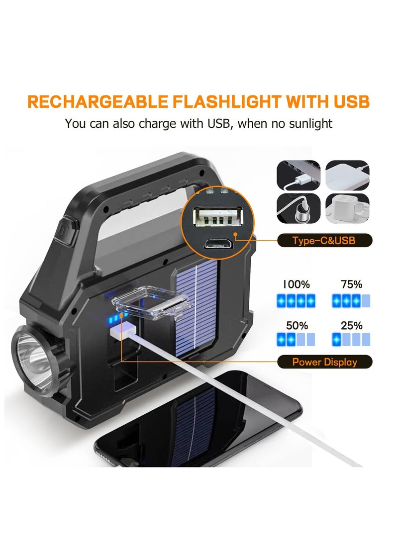 ZLH HITY - Solar Handheld Flashlight with USB Cable, 6 Modes Rechargeable Multifunction Lights Super Bright LED Searchlight, Lightweight Waterproof Portable Spotlight for Outdoor Camping Emergencies - Image 1