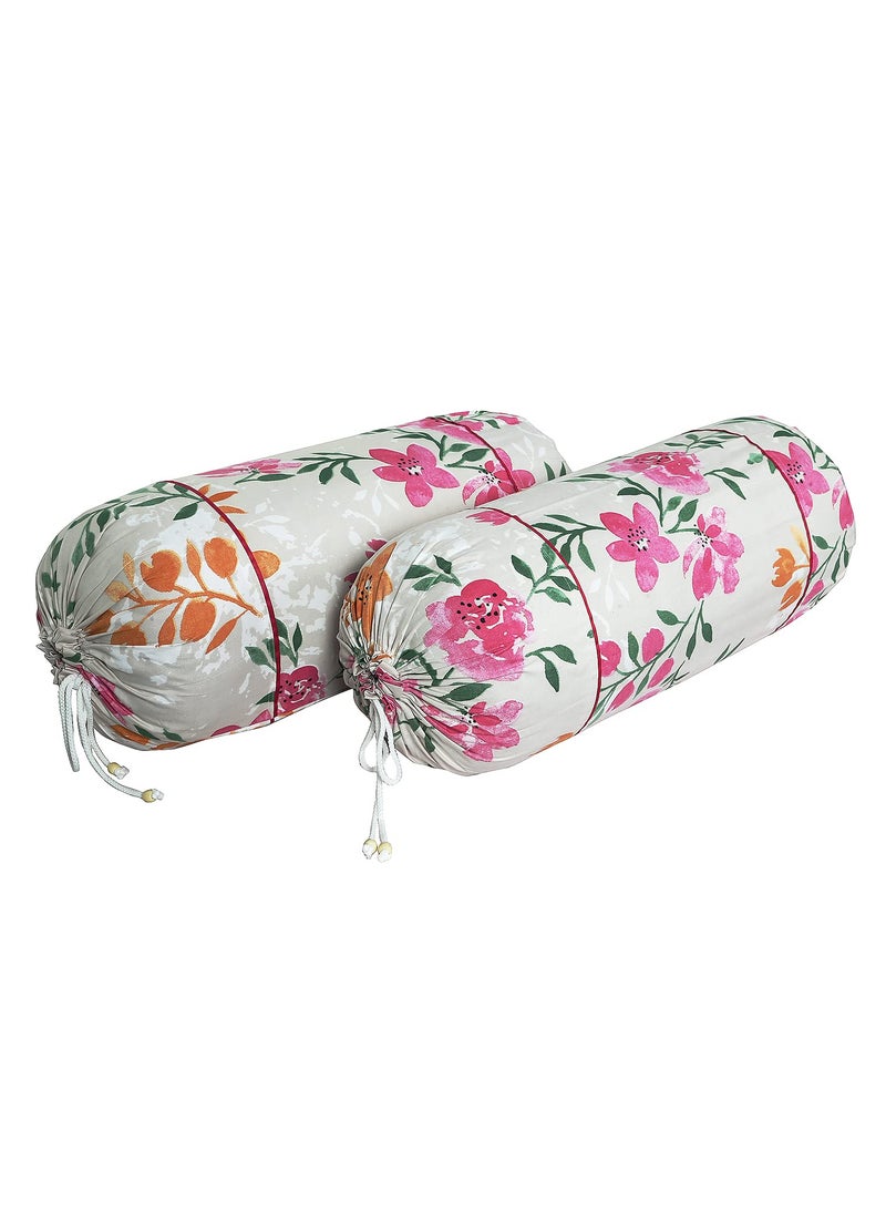 Kuber Industries Kuber Industries Bolster Covers Soft Cotton Bolster Cover Set Diwan Round Bolster Pillow Covers MultiFlower Design Roll Masand Cover 16x32 Inch Pack of 2 Cream  - Image 2