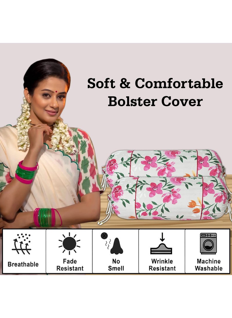 Kuber Industries Kuber Industries Bolster Covers Soft Cotton Bolster Cover Set Diwan Round Bolster Pillow Covers MultiFlower Design Roll Masand Cover 16x32 Inch Pack of 2 Cream  - Image 4
