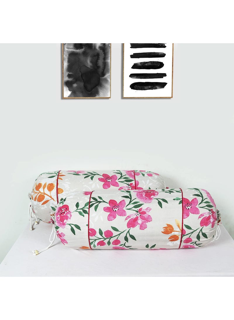 Kuber Industries Kuber Industries Bolster Covers Soft Cotton Bolster Cover Set Diwan Round Bolster Pillow Covers MultiFlower Design Roll Masand Cover 16x32 Inch Pack of 2 Cream  - Image 1