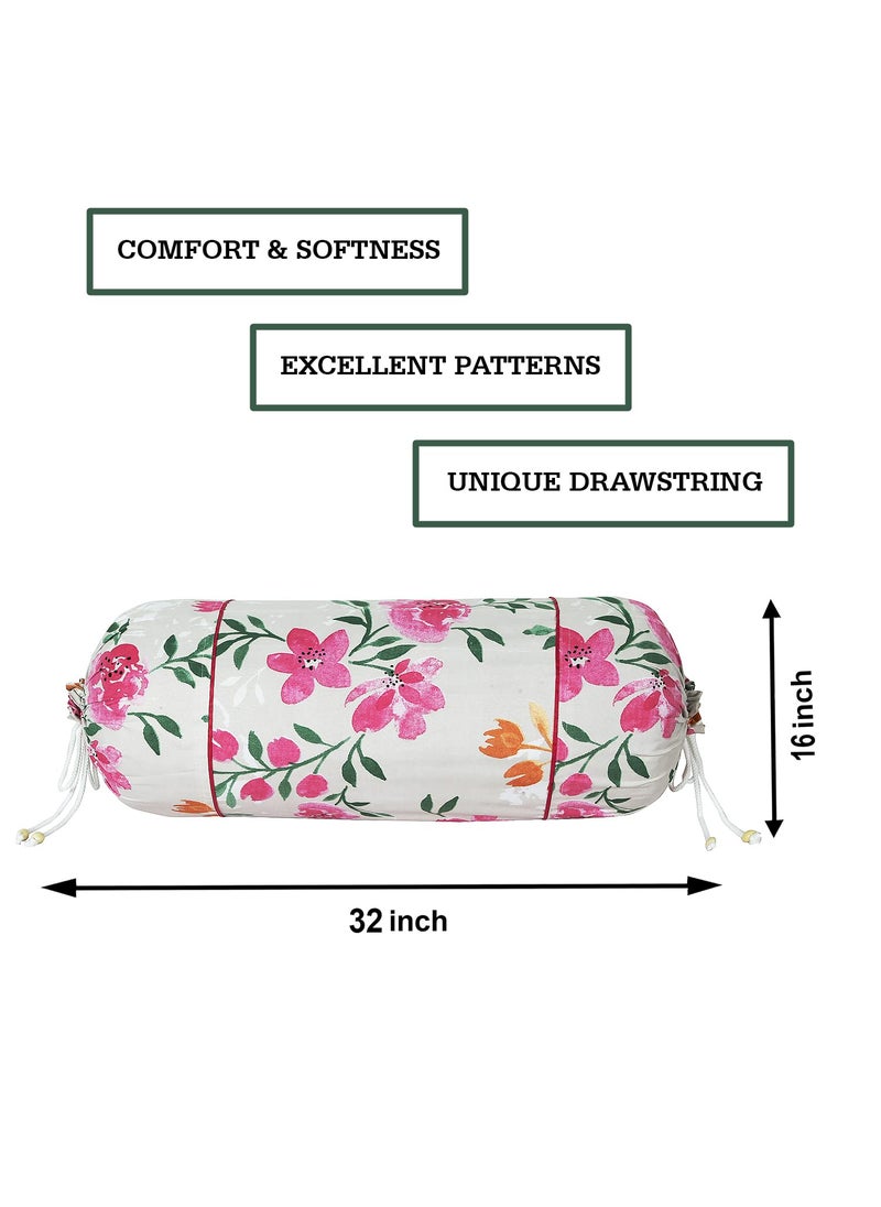 Kuber Industries Kuber Industries Bolster Covers Soft Cotton Bolster Cover Set Diwan Round Bolster Pillow Covers MultiFlower Design Roll Masand Cover 16x32 Inch Pack of 2 Cream  - Image 3