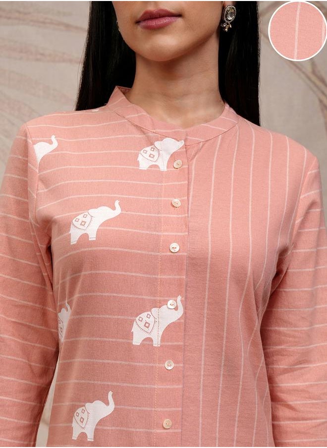 Vishudh Pink Cotton Printed Kurta Set with Palazzo by Styli  - Image 5