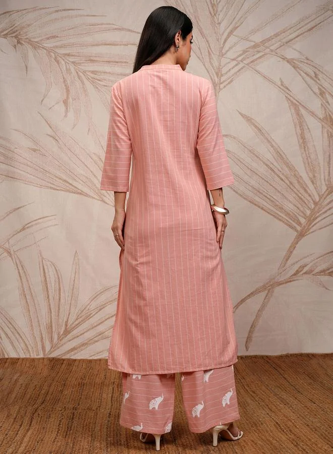 Vishudh Pink Cotton Printed Kurta Set with Palazzo by Styli
