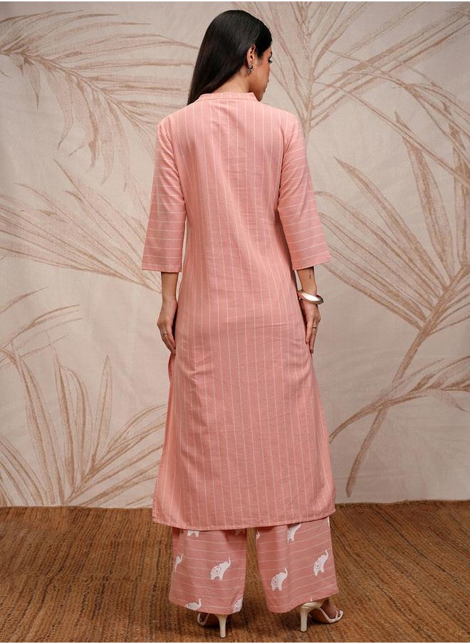 Vishudh Pink Cotton Printed Kurta Set with Palazzo by Styli  - Image 3