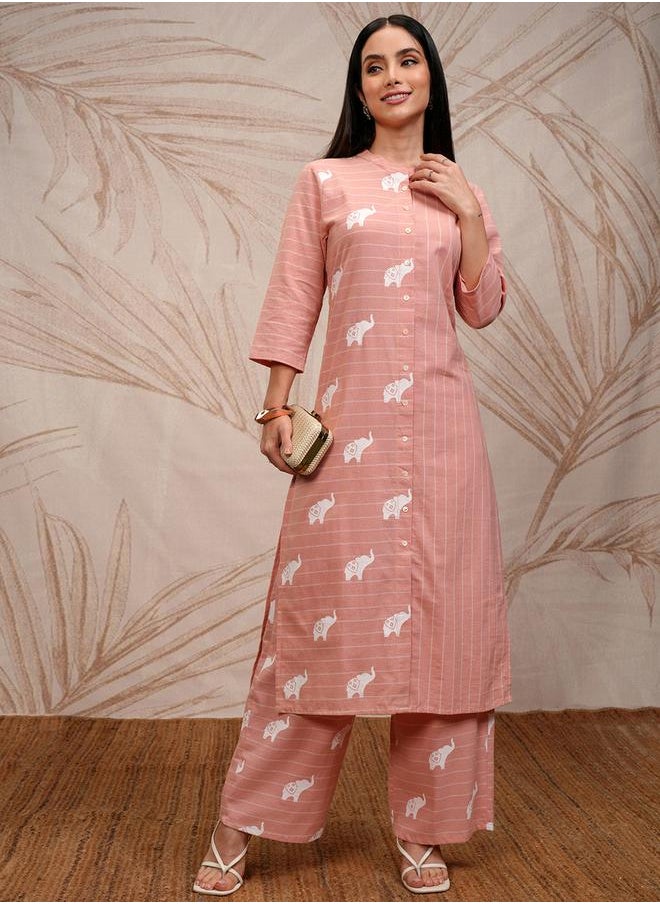 Vishudh Pink Cotton Printed Kurta Set with Palazzo by Styli  - Image 2