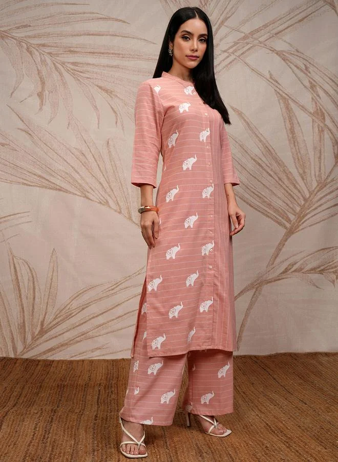 Vishudh Pink Cotton Printed Kurta Set with Palazzo by Styli