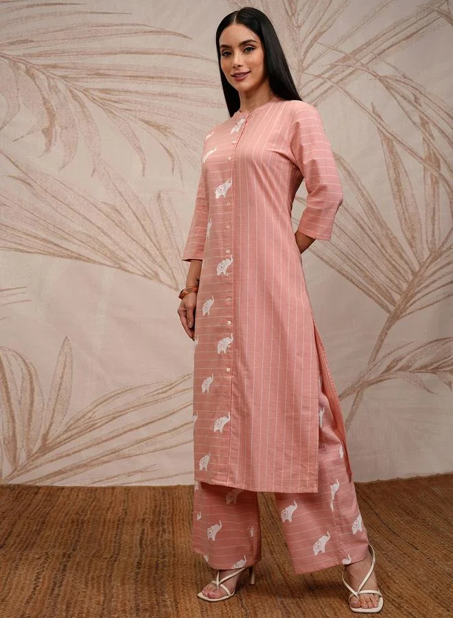 Vishudh Pink Cotton Printed Kurta Set with Palazzo by Styli