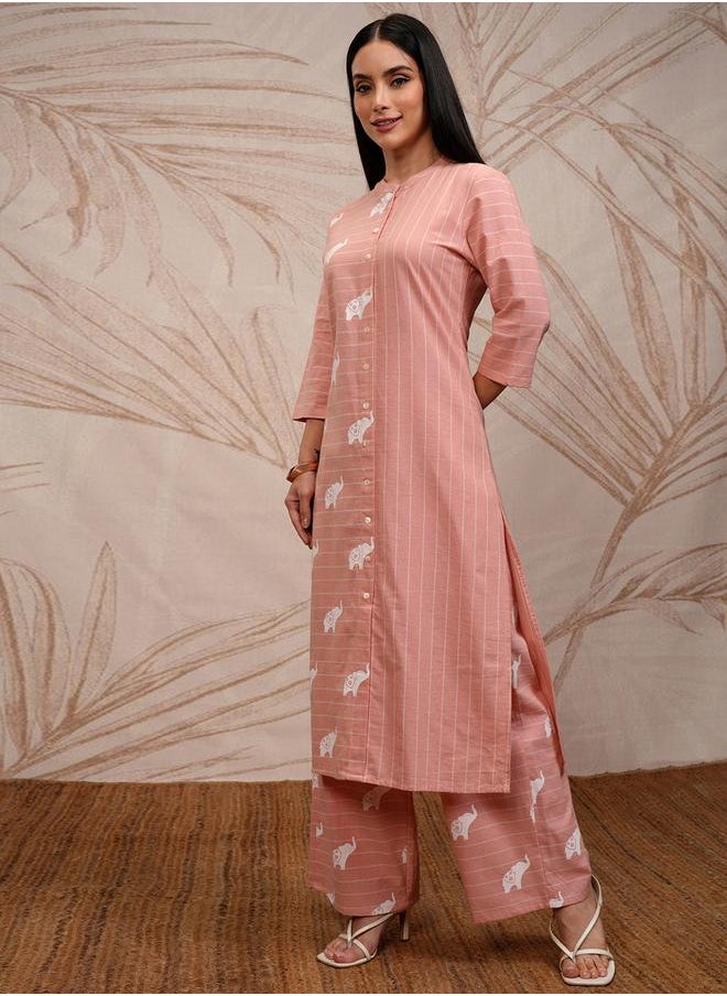 Vishudh Pink Cotton Printed Kurta Set with Palazzo by Styli  - Image 4