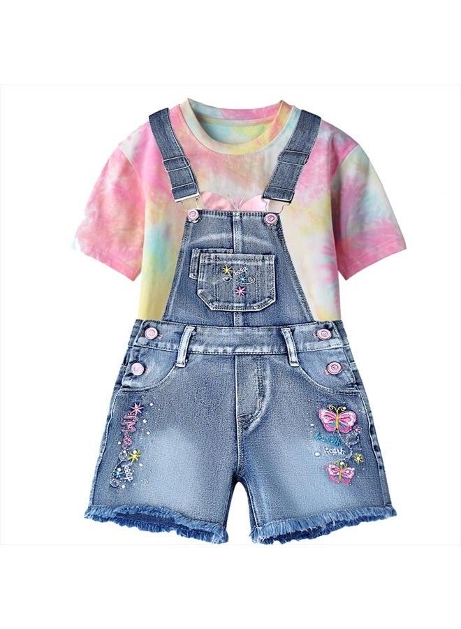 4-10Years Summer Little Big Girls 2pc set Short Sleeve Tie dye T-shirt and Blue Denim Shortalls(9-10years)