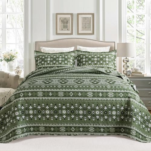 BEDIFANY Quilts Queen Size Reversible Lightweight Bedspread with Boho Geometry Printed Bed Spread Coverlet Sets for Bed Decoration AllSeason Queen Quilt Bedding Set 90 98 in 3 Pieces Green - Image 1