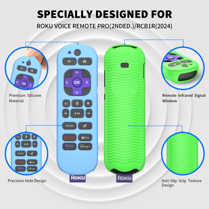 Wacanc [2 Pcs] Silicone Remote Case Cover for Roku Voice Remote Pro (2nd Ed.), Anti Slip Shockproof Remote Protective Sleeve for RCB1R(2024), Remote Protective Cover Case with Lanyard (Glow Blue+Glow Green) - Image 4