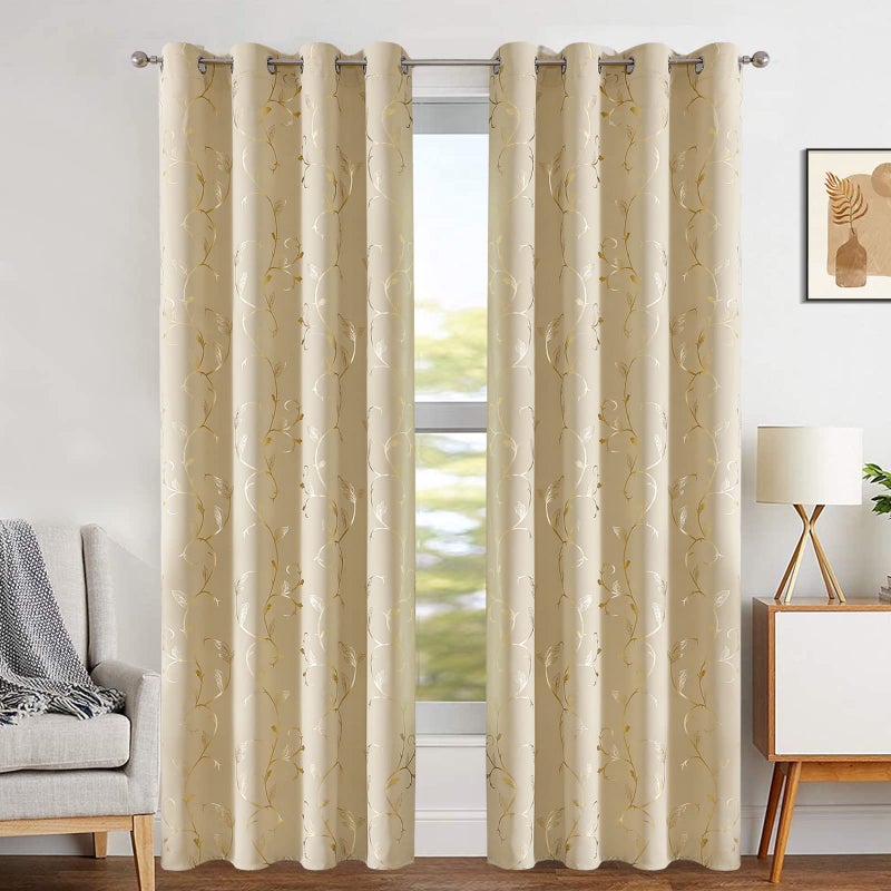 BUHUA Blackout Curtains Gold Foil Print Flower Vine Grommet Drapes, Room Darkening Thermal Insulated Curtains, Noise Reducing Blackout Curtain for Bedroom, Beige, 52Wx84L, 2 Panels - Image 2