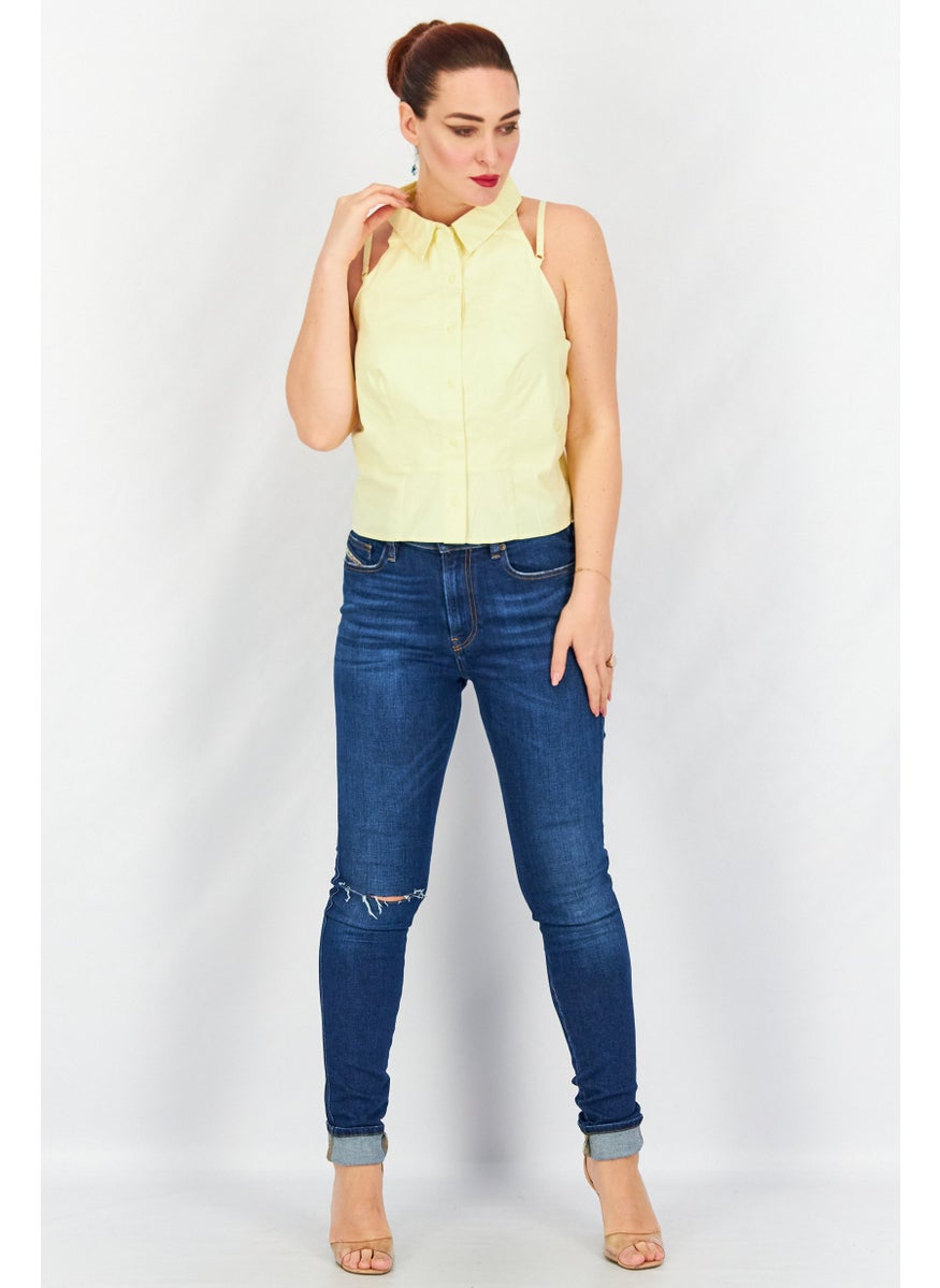 Collusion - Women Halter Neckline Sleeveless Back Strap Tops, Yellow - Image 1
