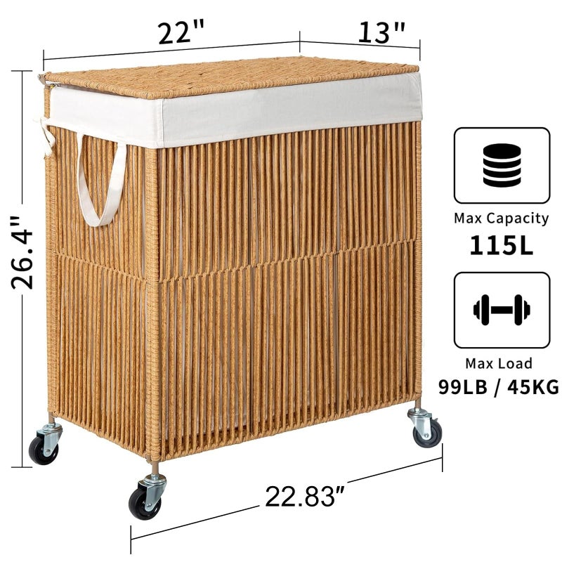 WOWLIVE Laundry Hamper with Wheels, Handwoven Rolling Laundry Basket with Lid, Clothes Hamper with Divided Removable Liner Bag, 115L Large Capacity Laundry Sorter Laundry Room Organization, Natural - Image 4