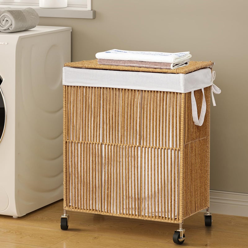 WOWLIVE Laundry Hamper with Wheels, Handwoven Rolling Laundry Basket with Lid, Clothes Hamper with Divided Removable Liner Bag, 115L Large Capacity Laundry Sorter Laundry Room Organization, Natural - Image 3