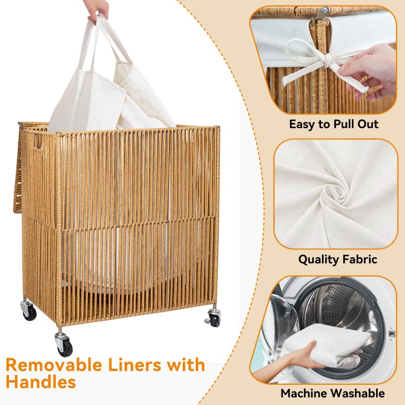 WOWLIVE Laundry Hamper with Wheels, Handwoven Rolling Laundry Basket with Lid, Clothes Hamper with Divided Removable Liner Bag, 115L Large Capacity Laundry Sorter Laundry Room Organization, Natural - Image 5