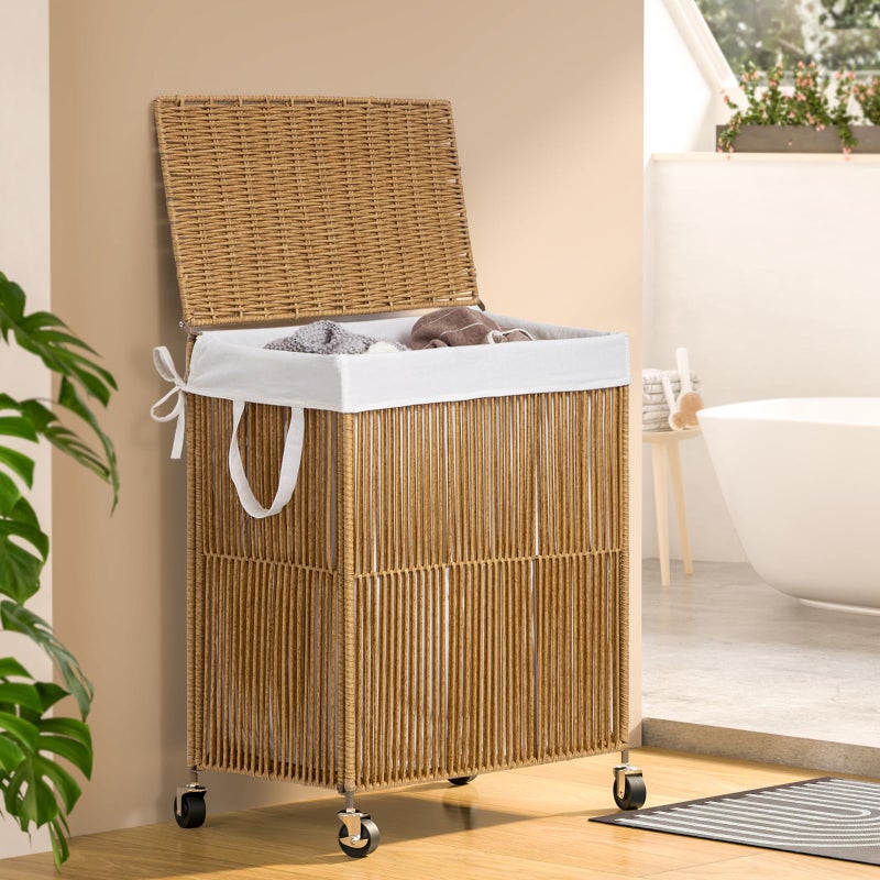 WOWLIVE Laundry Hamper with Wheels, Handwoven Rolling Laundry Basket with Lid, Clothes Hamper with Divided Removable Liner Bag, 115L Large Capacity Laundry Sorter Laundry Room Organization, Natural - Image 2