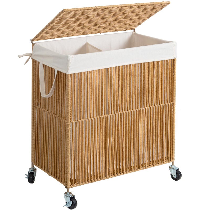 WOWLIVE Laundry Hamper with Wheels, Handwoven Rolling Laundry Basket with Lid, Clothes Hamper with Divided Removable Liner Bag, 115L Large Capacity Laundry Sorter Laundry Room Organization, Natural - Image 1