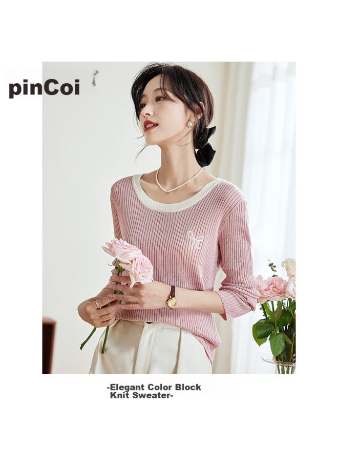 Pincai Knitted Sweater For Women, Early Autumn Round Neck, Bow Embroidery, Slim-fit Top, Slimming Base Layer Sweater P143z3009 - Image 3