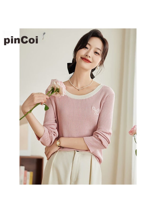 Pincai Knitted Sweater For Women, Early Autumn Round Neck, Bow Embroidery, Slim-fit Top, Slimming Base Layer Sweater P143z3009 - Image 1