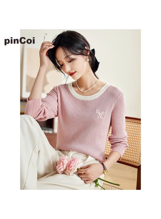 Pincai Knitted Sweater For Women, Early Autumn Round Neck, Bow Embroidery, Slim-fit Top, Slimming Base Layer Sweater P143z3009 - Image 5