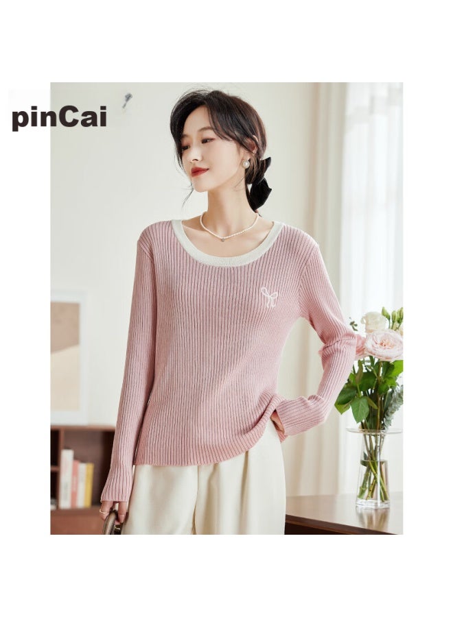 Pincai Knitted Sweater For Women, Early Autumn Round Neck, Bow Embroidery, Slim-fit Top, Slimming Base Layer Sweater P143z3009 - Image 2