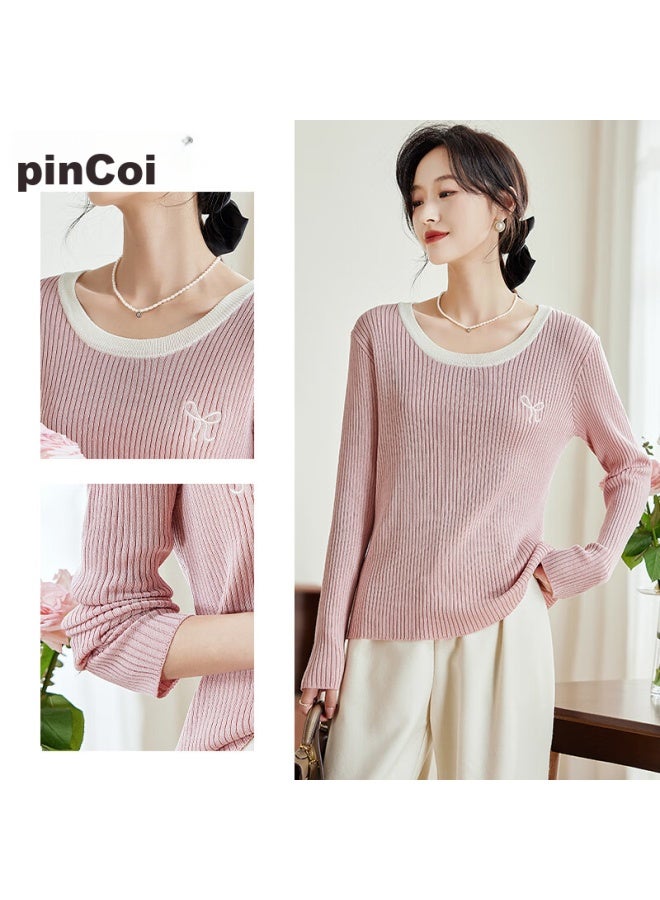 Pincai Knitted Sweater For Women, Early Autumn Round Neck, Bow Embroidery, Slim-fit Top, Slimming Base Layer Sweater P143z3009 - Image 4