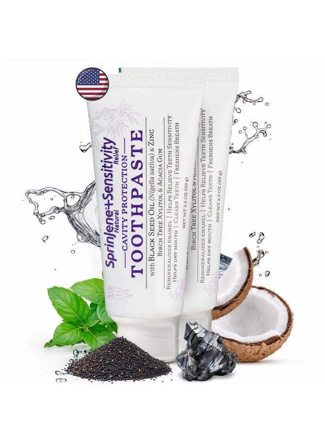 SprinJene Natural Sensitivity Relief Toothpaste – Fluoride Toothpaste for Sensitive Teeth & Cavity Protection – SLS Free with Patented Black Seed Oil & Zinc – Made in the USA (2 Pack) - Image 1