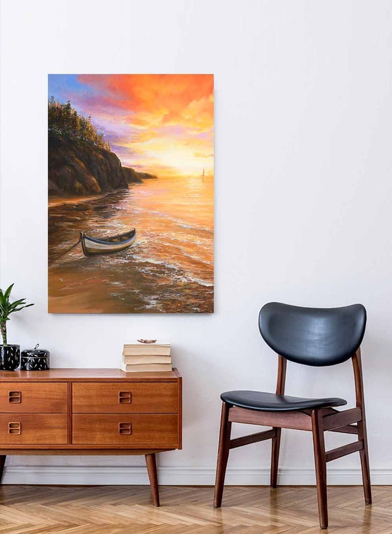 LOWHA Framed Canvas Wall Art Stretched Over Wooden Frame, Golden Sunset  Painting, For Home, Living Room, Office Decor - Image 1