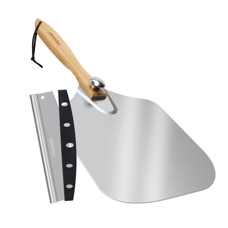 Mooues Pizza Peel Aluminum Pizza Spatula, Metal Pizza Paddle(14"x 16") with Rocker Cutter Foldable Wood Handle, [Storage bag included], for Family Pizza Oven Baking Pizza, Dough, Bread & Pastry - Image 1