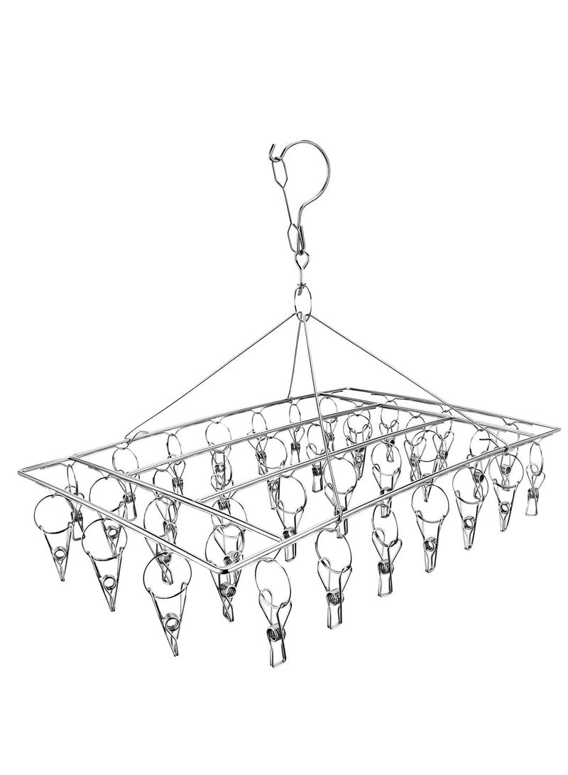 KASTWAVE Stainless Steel Sock Drying Rack, Laundry Pegs with 36pcs Swivel Hook Wind-proof Clothes Hanging Rack Metal Clothespins Rectangle for Socks, Underwear, Shoe Insoles, Baby Clothes, Gloves - Image 1