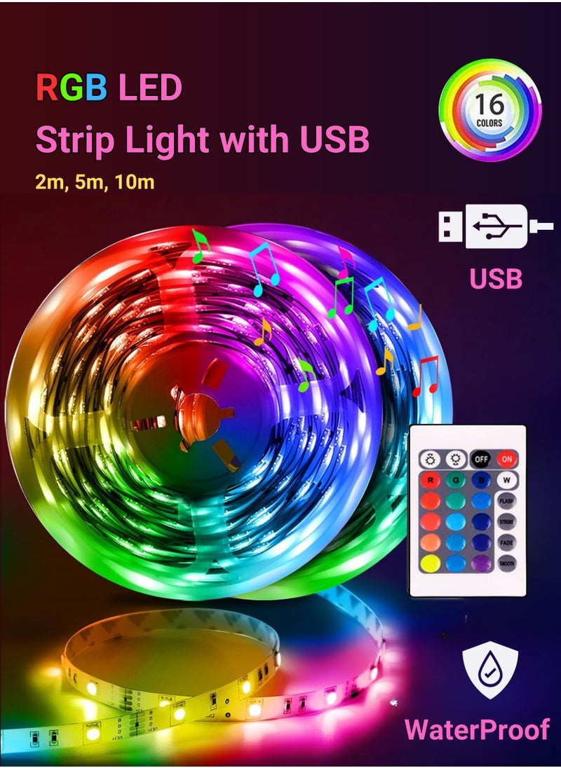 ABJ - RGB LED Strip Lights for bedroom - Multicolor with Remote USB Powered, Waterproof, Perfect LED lights for Bedroom, TV, Desktop PC, Fish Tank Decoration. Wall Strip Lights, 2m, 5m, 10m Multicolour - Image 1