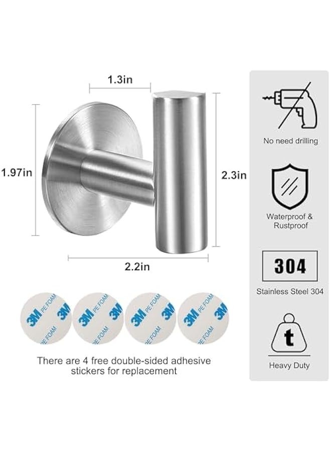 TRASSLE 4 Pack Adhesive Hooks Brushed SUS304 Stainless Steel Towel Hooks Heavy Duty Waterproof Wall Hooks Self Adhesive Coat Robe Towel Hooks for Bathrooms Kitchen Hotel  - Image 2