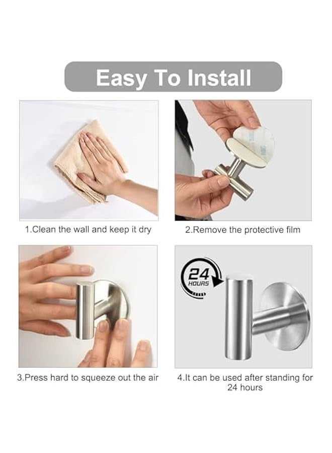 TRASSLE 4 Pack Adhesive Hooks Brushed SUS304 Stainless Steel Towel Hooks Heavy Duty Waterproof Wall Hooks Self Adhesive Coat Robe Towel Hooks for Bathrooms Kitchen Hotel  - Image 5