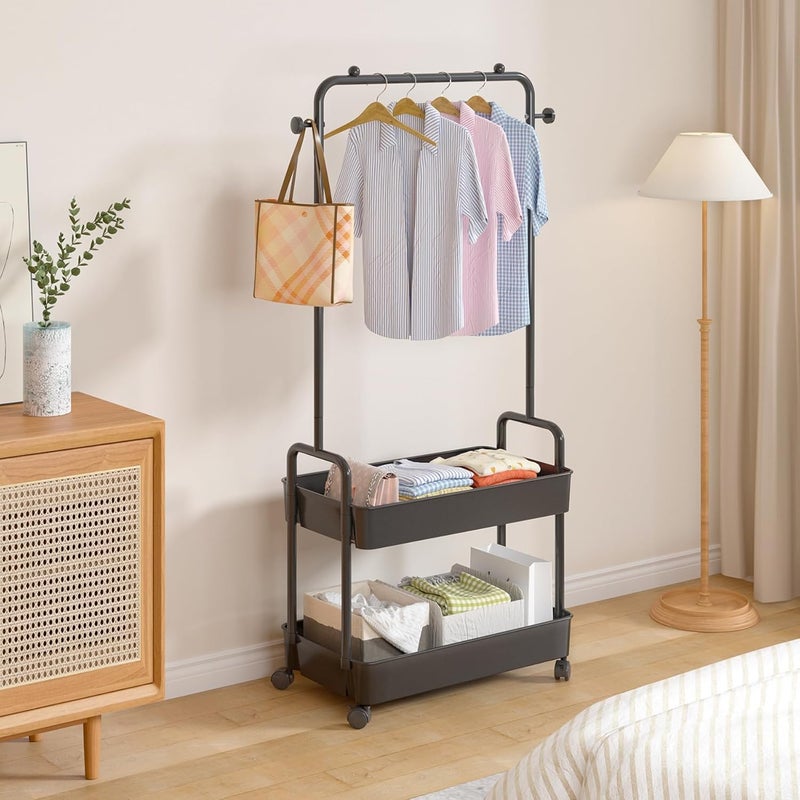 أنتول رف ملابس مزدوج الاستخدام، رف ملابس مزود بسلة معدنية مكونة من طابقين، عربة تخزين قابلة للدحرجة، منظم للملابس، رف للمعاطف، منصة تخزين مزودة بعجلات، رف ملابس متين (لون أسود) - Image 2