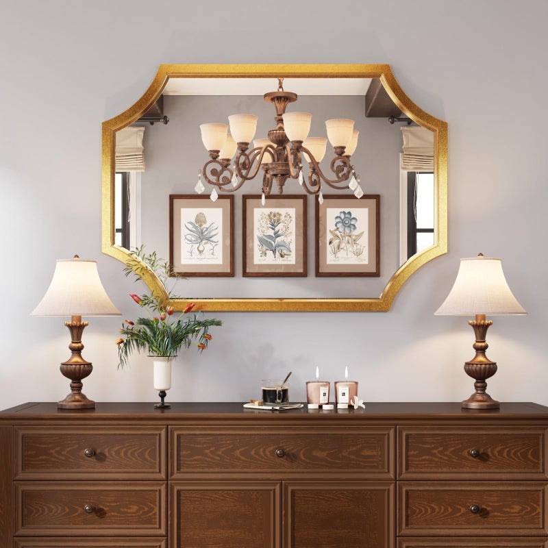 Kelly Miller Small Gold Mirror for Wall, 20"x28" Gold Bathroom Vanity Mirror Scalloped Mirror Decorative Wall Mirror Beveled for Master Bath Half Bath Living Room Bedroom Fireplace Mantle Entryway - Image 2