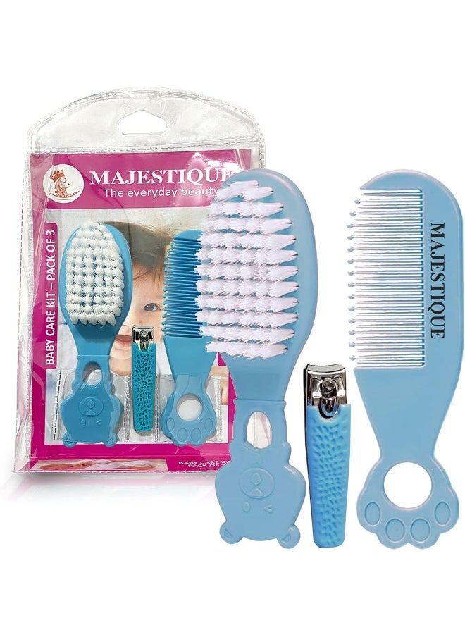MAJESTIQUE Baby Hair Brush, Comb and Nail Cutter Set For Newborns And Toddlers - Natural Soft Bristles, Gently Grooms Baby's Hair, Ideal for Baby Grooming Set, Perfect Baby Gift - 3Piece Blue  - Image 1