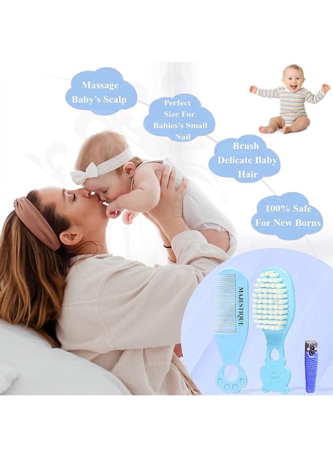 MAJESTIQUE Baby Hair Brush, Comb and Nail Cutter Set For Newborns And Toddlers - Natural Soft Bristles, Gently Grooms Baby's Hair, Ideal for Baby Grooming Set, Perfect Baby Gift - 3Piece Blue  - Image 4