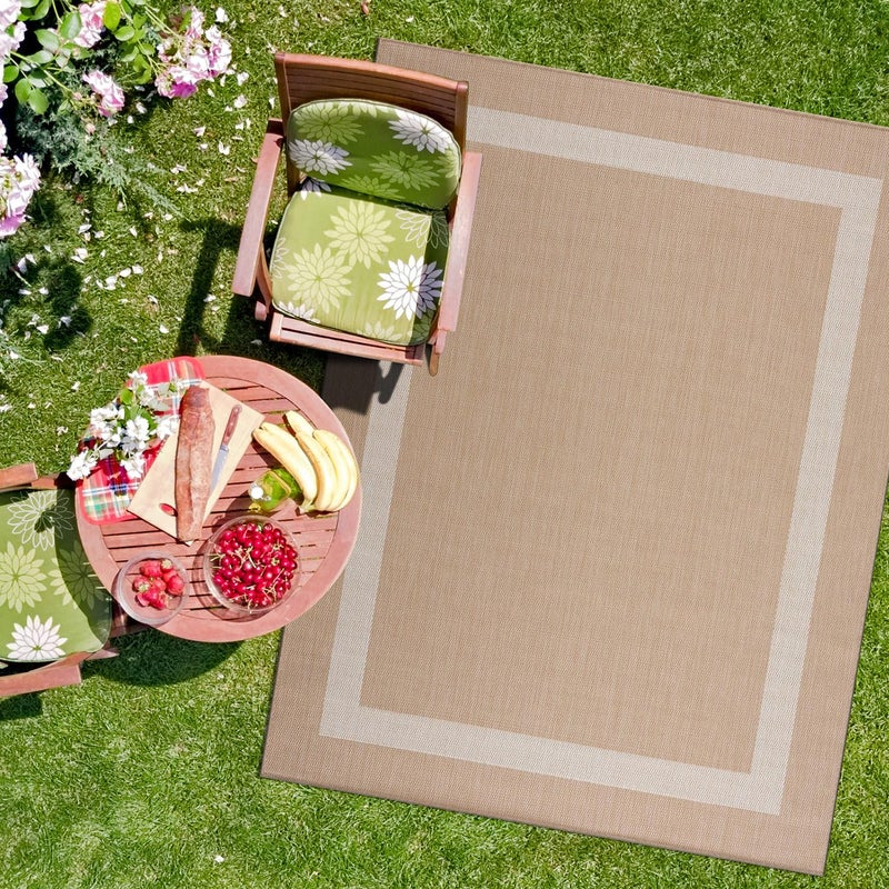 CAMILSON Outdoor Rug 8x10, Modern Outside Rugs for Patios Porches Waterproof Durable Washable Non-Shedding, Easy-to-Clean Indoor Outdoor Area Carpet (8 x 10, Bordered - Beige/White) - Image 1