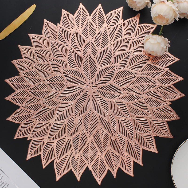 Mabbcoo Placemats Set of 6 Round Hollow Out Flowers Place Mats for Dining Table Pressed Vinyl Blooming Leaf Table Mats for Holiday Party Wedding Accent Centerpiece Dinner Table Decoration Rose Gold