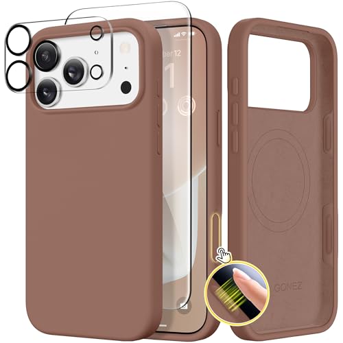 GONEZ Magnetic for iPhone 17 Pro Max Case, Compatible with MagSafe, [Screen Protector + Camera Lens Protector], Liquid Silicone Anti-Scratch Shockproof Protective Phone Case 6.9 inch, Brown - Image 1