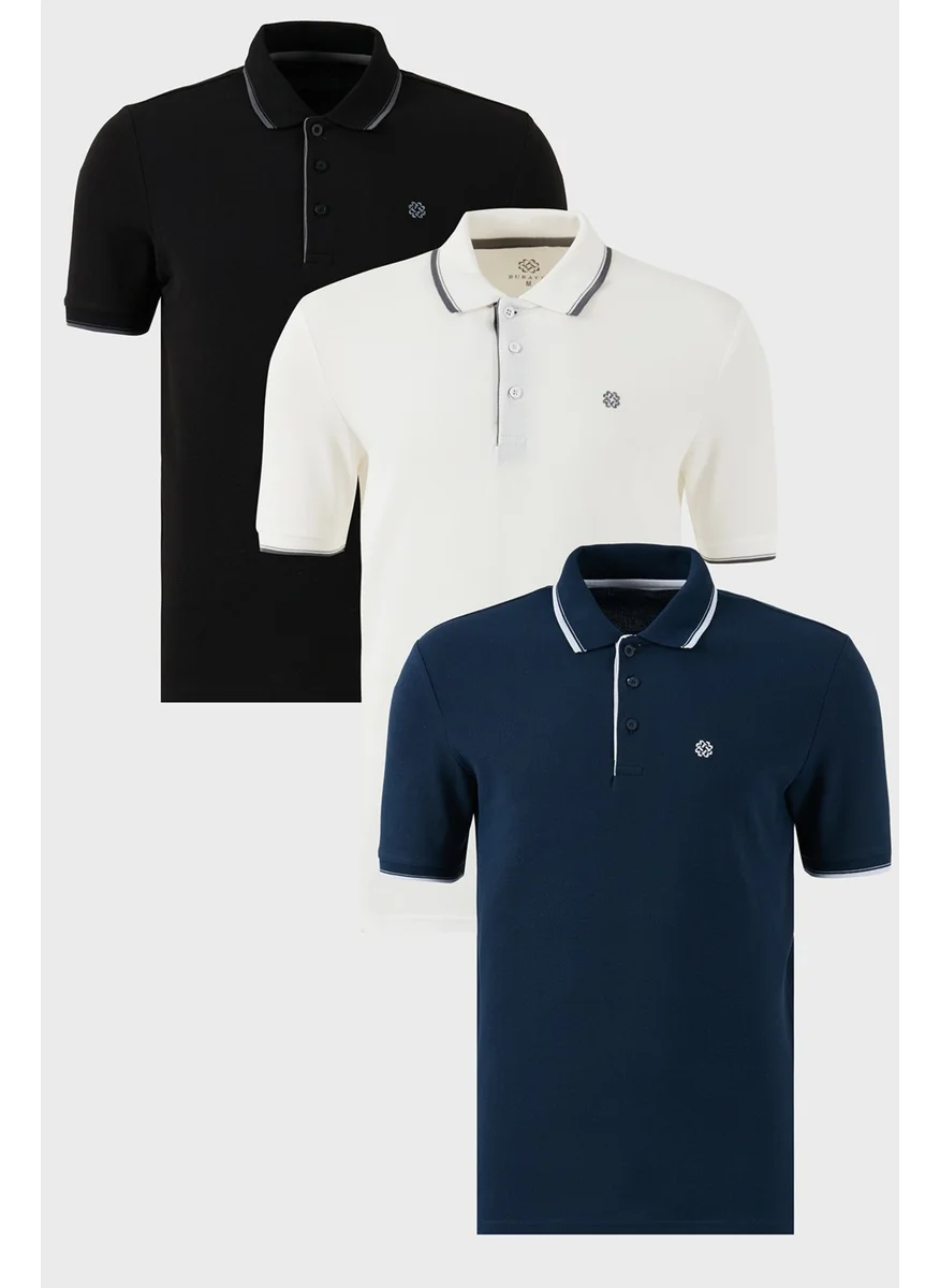 Buratti Cotton Slim Fit Stripe Detailed Buttoned Polo Collar 3-Piece T Shirt Men's T Shirt 5902118S3