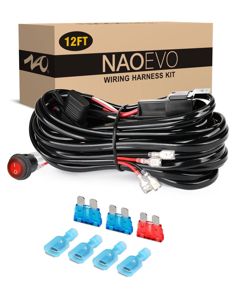 NAOEVO 12FT LED Light Bar Wiring Harness Kit 16AWG 2 Leads 12V On Off Waterproof Switch Power Relay Blade Fuse for LED Work/Off Road Lights (12FT) - Image 1