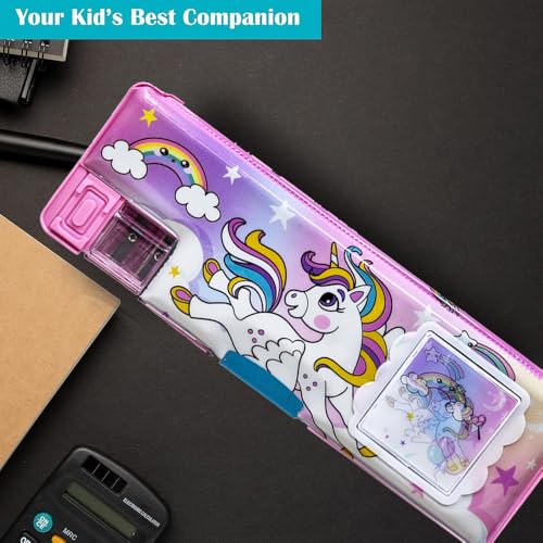 SIDAK Plastic Unicorn Printed Pencil Box With Calculator, Dual Sharpener, Pen & Pencil Holder, Magnetic Door Closure And Birthday Party Return Gift For Kids.Calculator Pencil Box,(Pink) - Image 5
